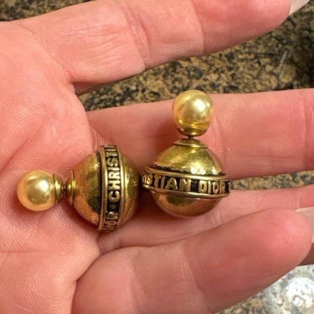 Chic Christian Dior Gold Sphere w/ Pearl Stud Earrings
